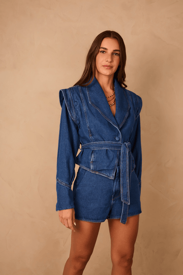 Denim Lapel Belted Tailored Jacket
