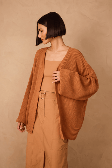 Beige Leme Oversized Dropped Shoulder Tricot Cardigan