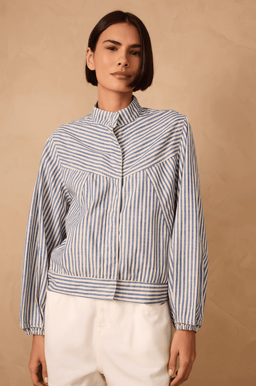 Blue Stripes High Neck Tailored Twill Jacket