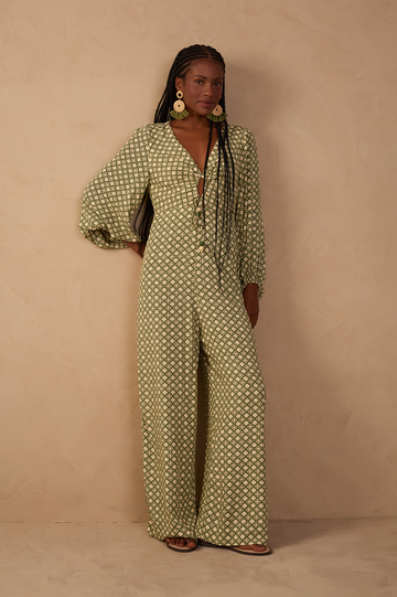 Green Amanhecer Ties Long Sleeve Jumpsuit