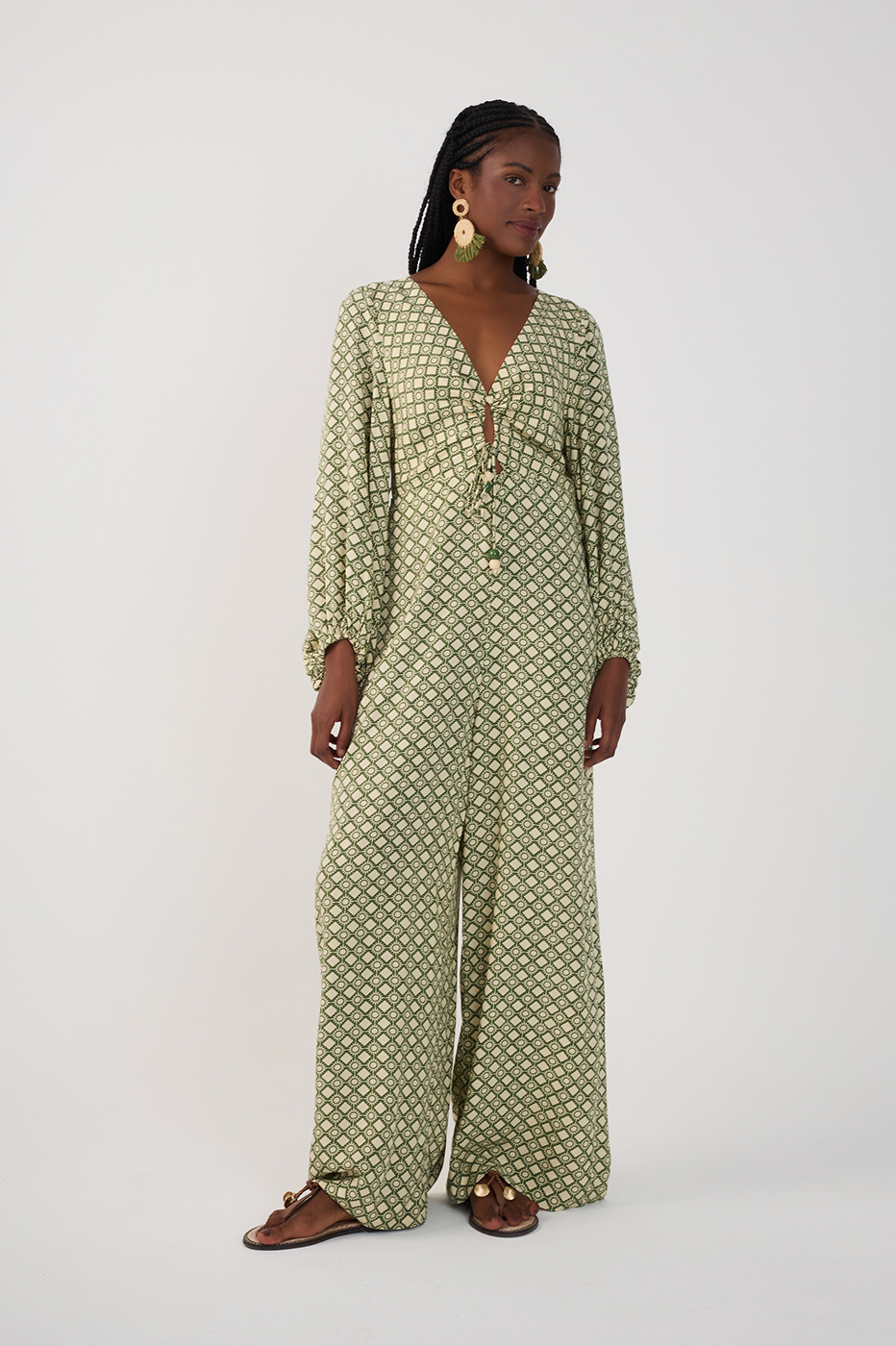 Green Amanhecer Ties Long Sleeve Jumpsuit