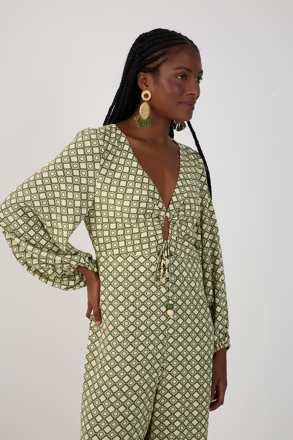 Green Amanhecer Ties Long Sleeve Jumpsuit