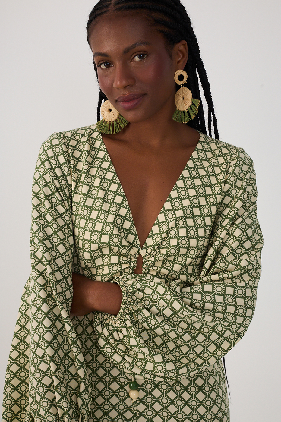 Green Amanhecer Ties Long Sleeve Jumpsuit