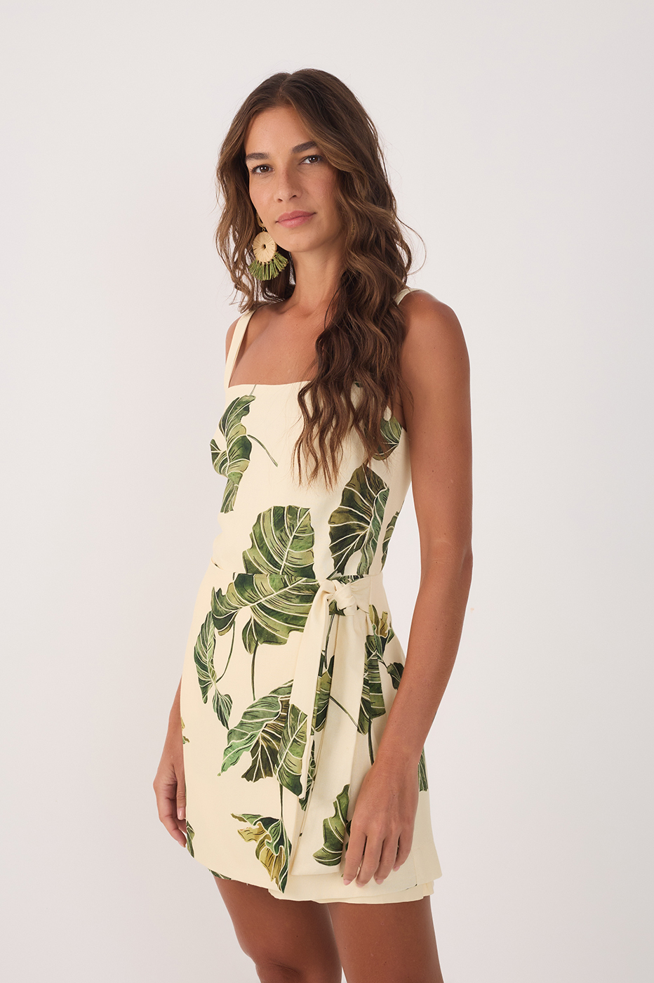 Beige Folhar Square Neck Wrap Romper