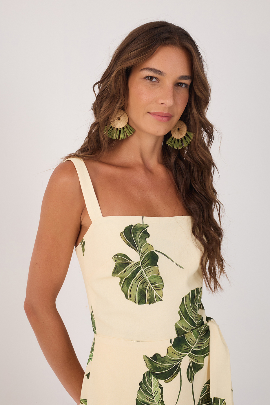 Beige Folhar Square Neck Wrap Romper