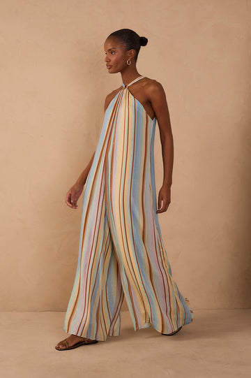 Multicolor Listra C¨¦u Halter Neck Lurex Jumpsuit