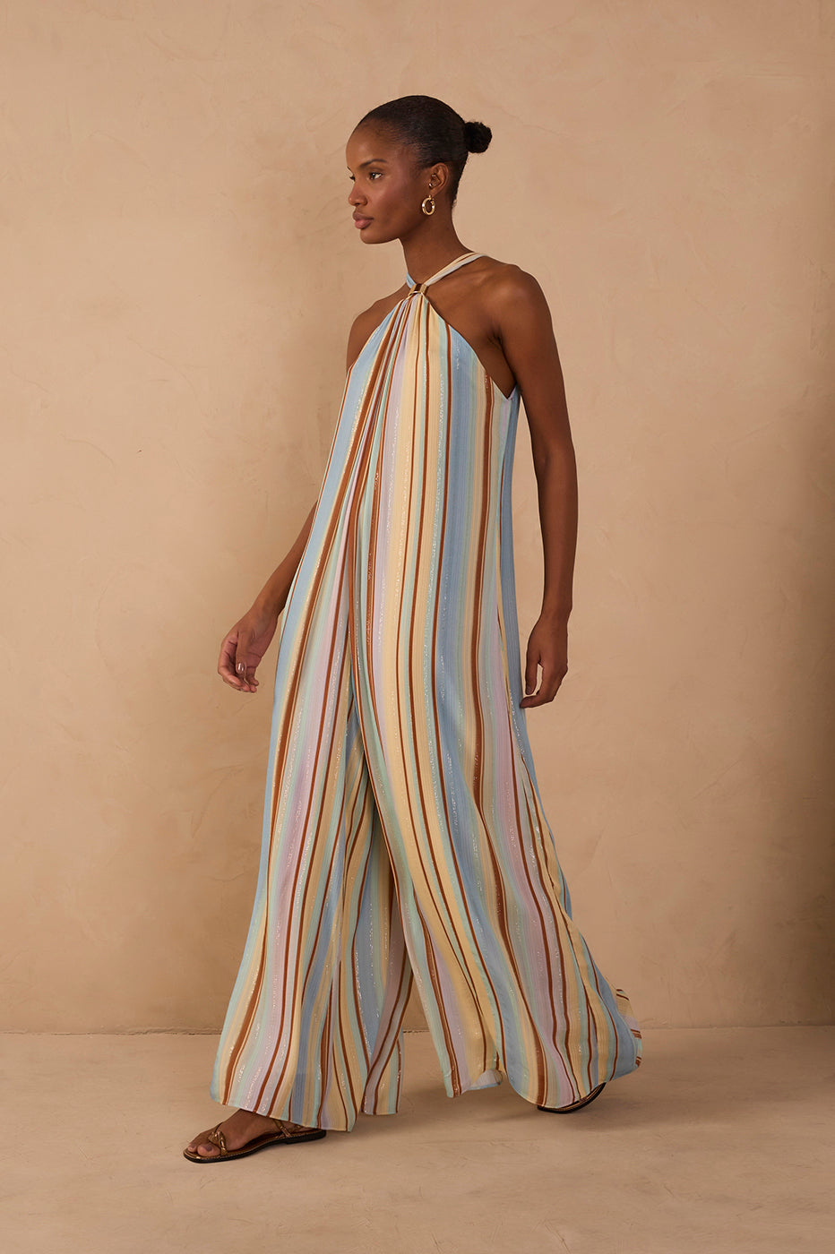 Multicolor Listra C¨¦u Halter Neck Lurex Jumpsuit
