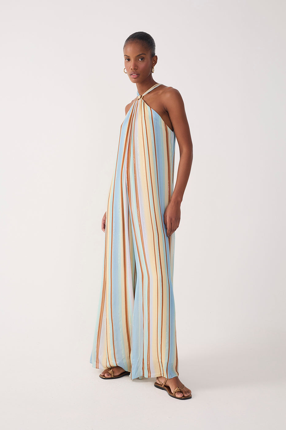 Multicolor Listra C¨¦u Halter Neck Lurex Jumpsuit