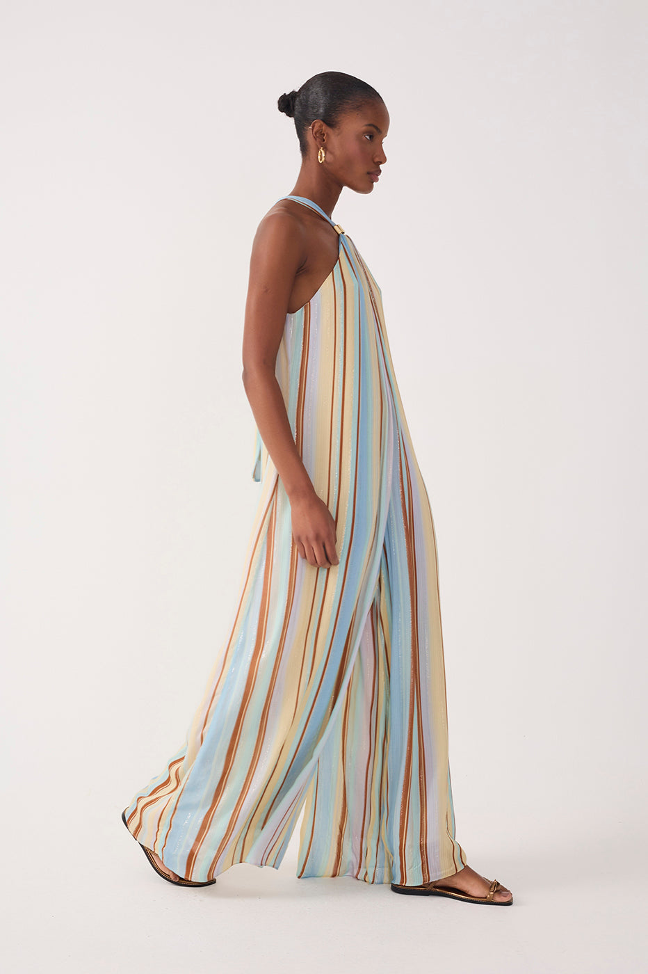 Multicolor Listra C¨¦u Halter Neck Lurex Jumpsuit