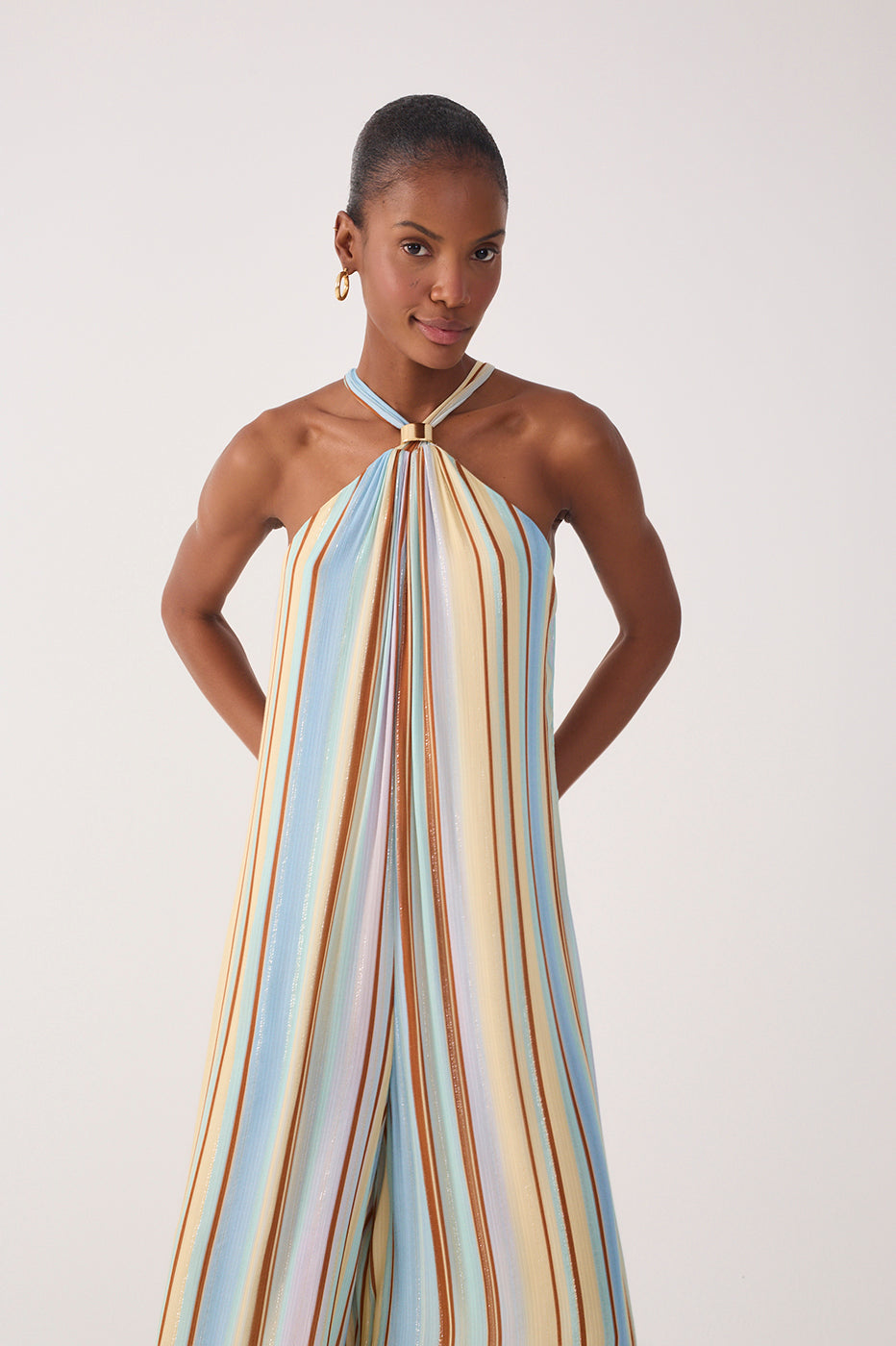 Multicolor Listra C¨¦u Halter Neck Lurex Jumpsuit