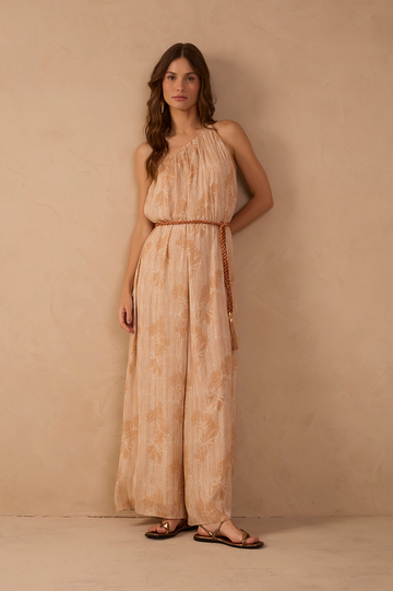 Beige Oceano One Shoulder Lurex Jumpsuit