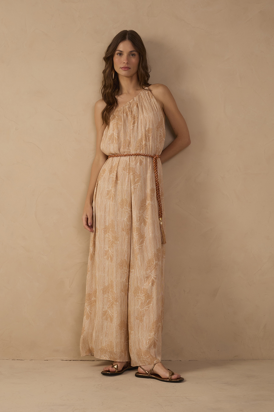 Beige Oceano One Shoulder Lurex Jumpsuit
