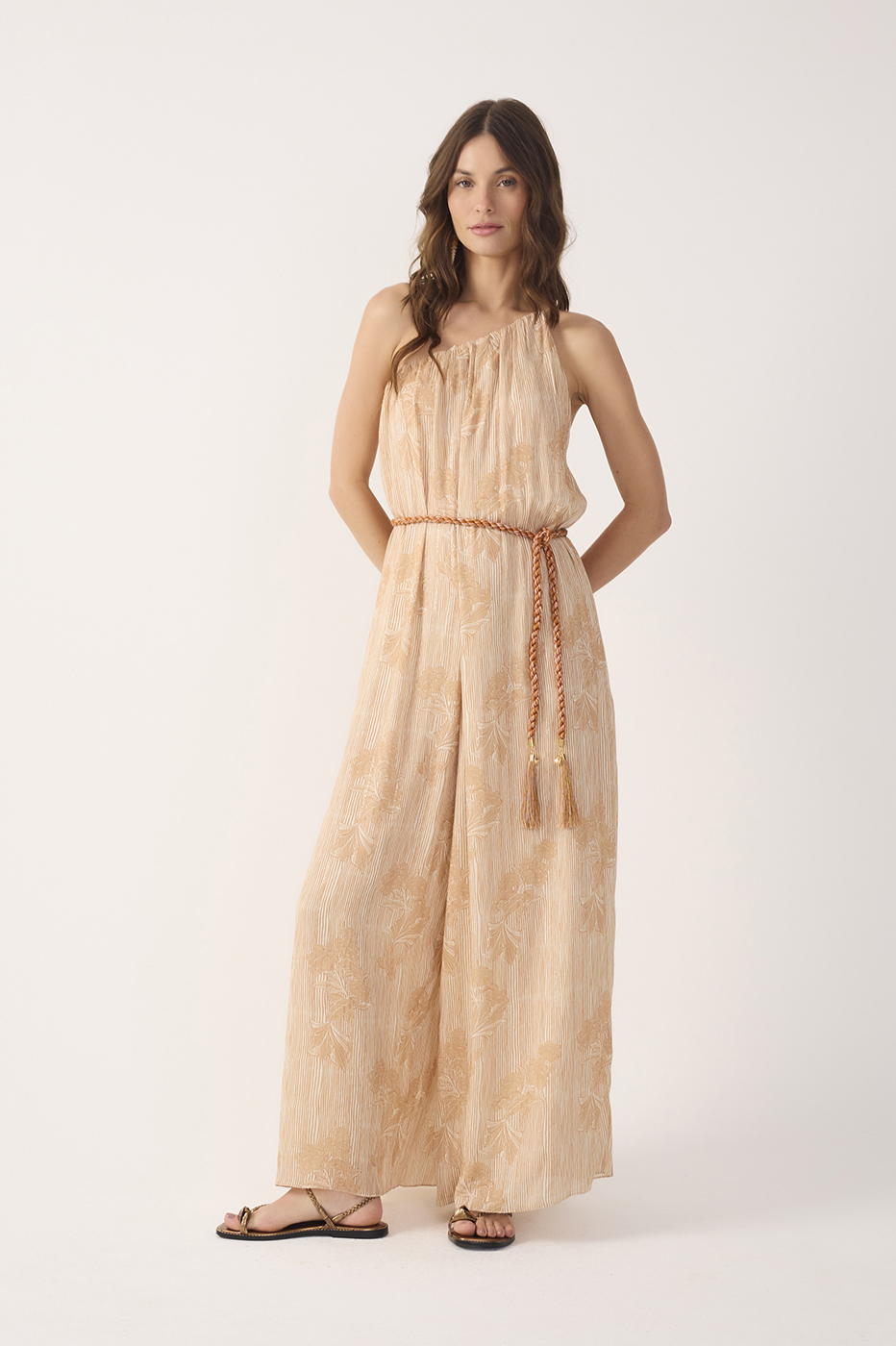 Beige Oceano One Shoulder Lurex Jumpsuit