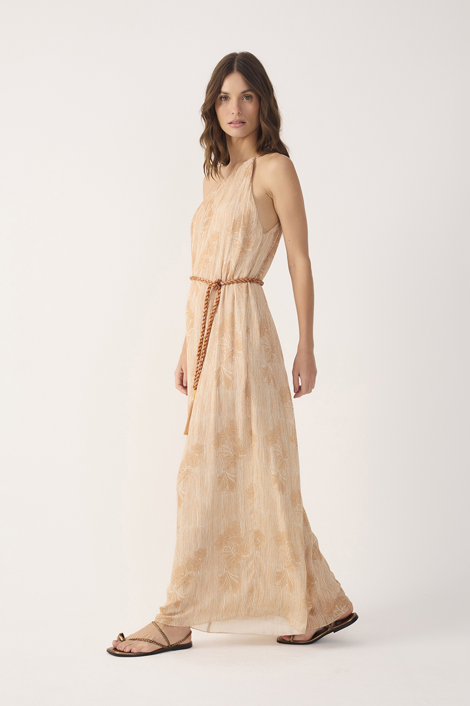 Beige Oceano One Shoulder Lurex Jumpsuit