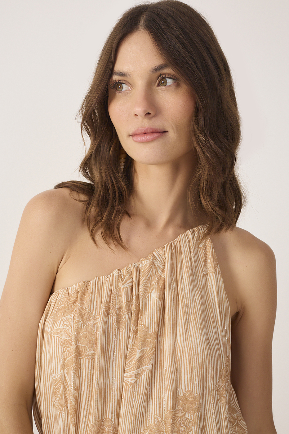 Beige Oceano One Shoulder Lurex Jumpsuit