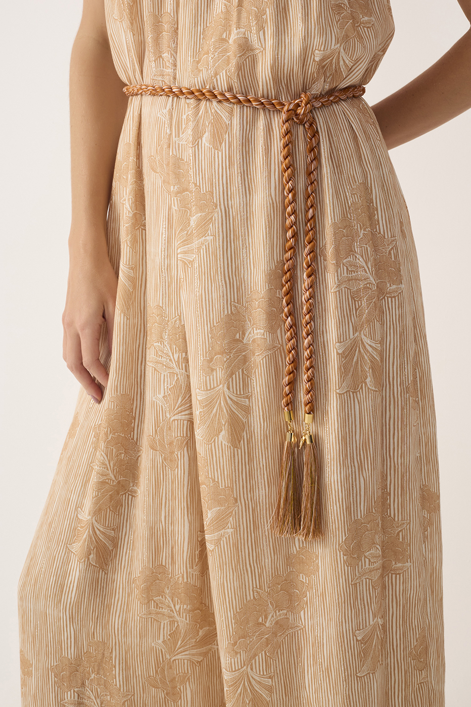 Beige Oceano One Shoulder Lurex Jumpsuit