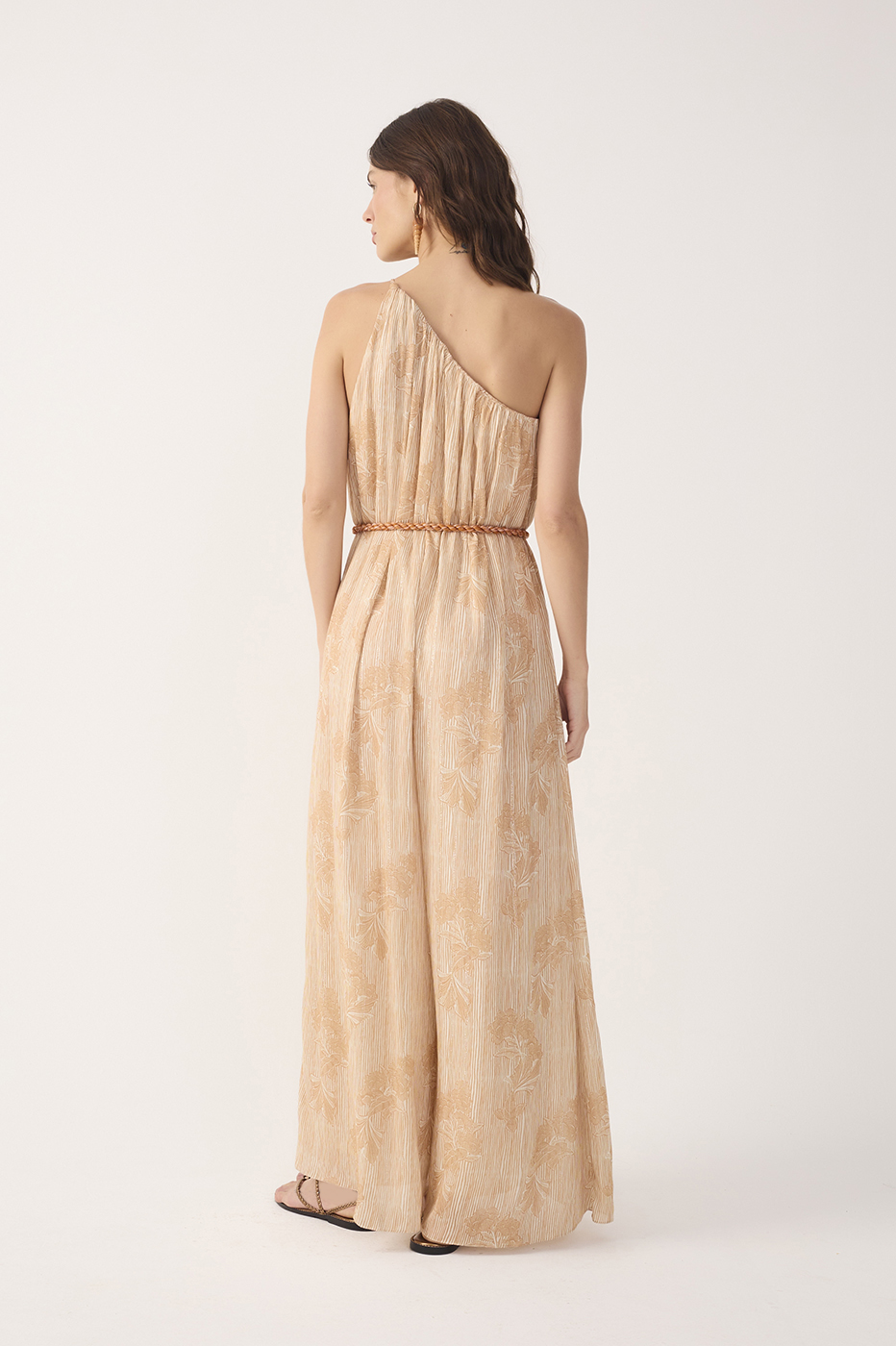 Beige Oceano One Shoulder Lurex Jumpsuit