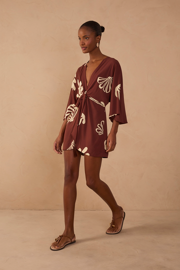 Brown Mares V Neck Front Ties Kimono Sleeve Romper
