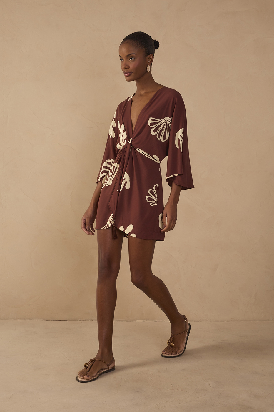 Brown Mares V Neck Front Ties Kimono Sleeve Romper