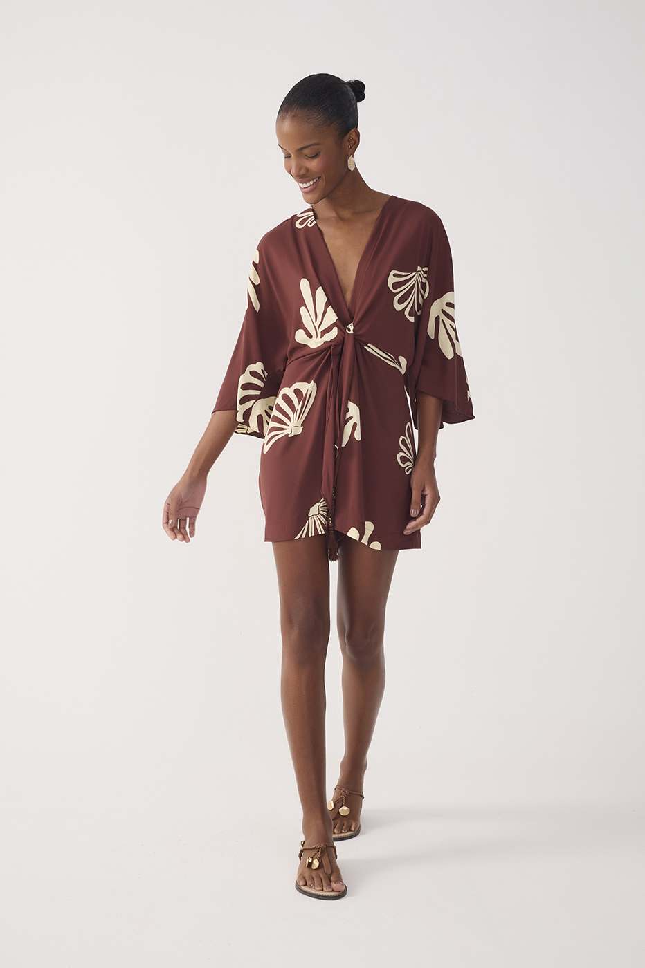 Brown Mares V Neck Front Ties Kimono Sleeve Romper