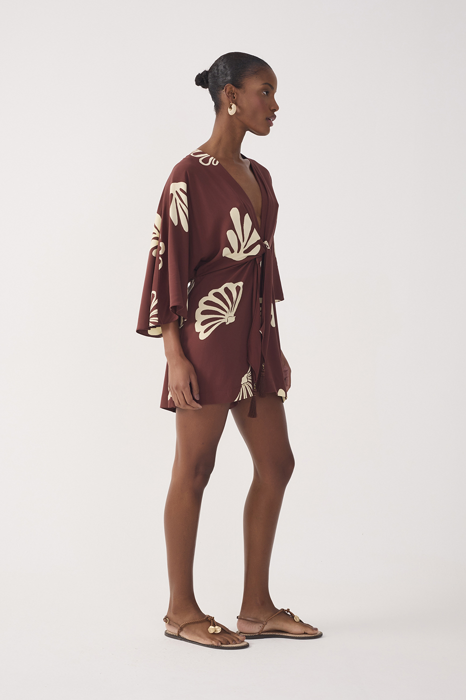 Brown Mares V Neck Front Ties Kimono Sleeve Romper