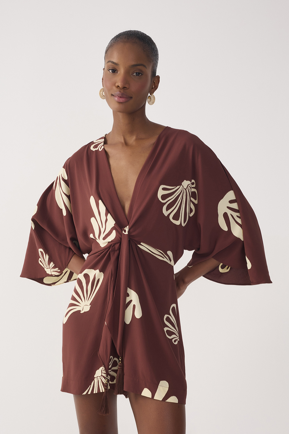 Brown Mares V Neck Front Ties Kimono Sleeve Romper