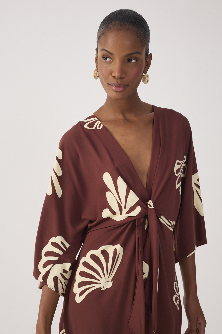 Brown Mares V Neck Front Ties Kimono Sleeve Romper