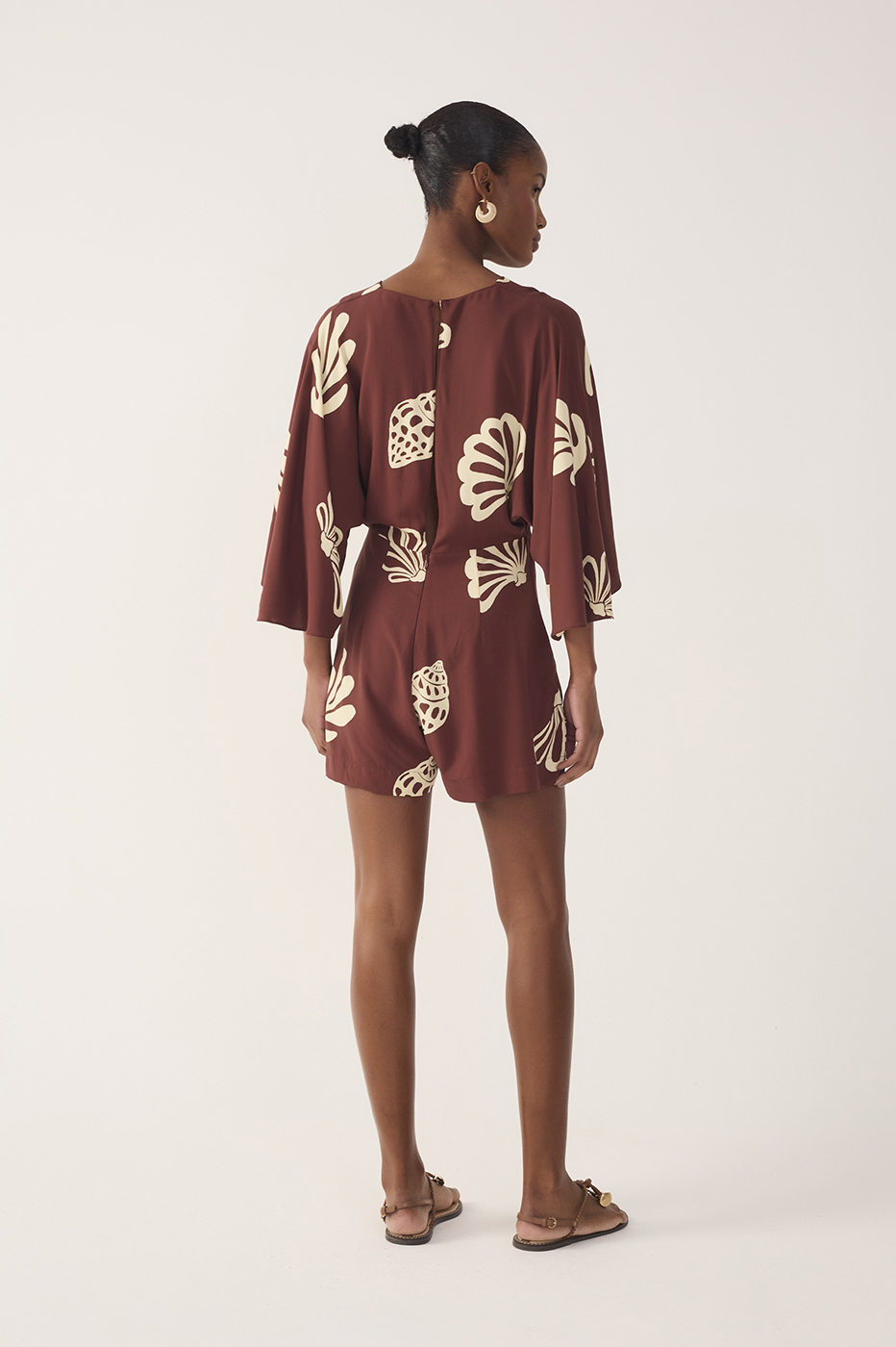 Brown Mares V Neck Front Ties Kimono Sleeve Romper