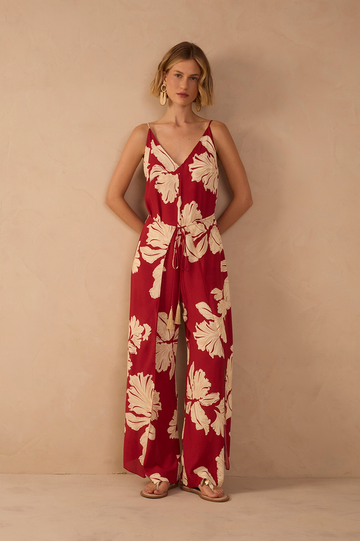 Red Petala V Neck Drawstring Jumpsuit