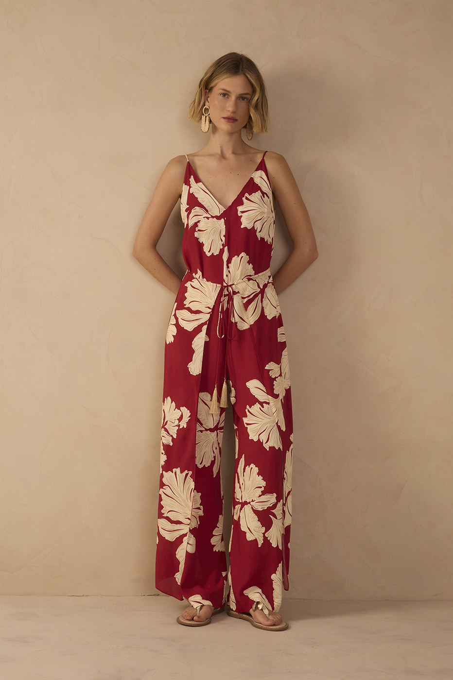 Red Petala V Neck Drawstring Jumpsuit
