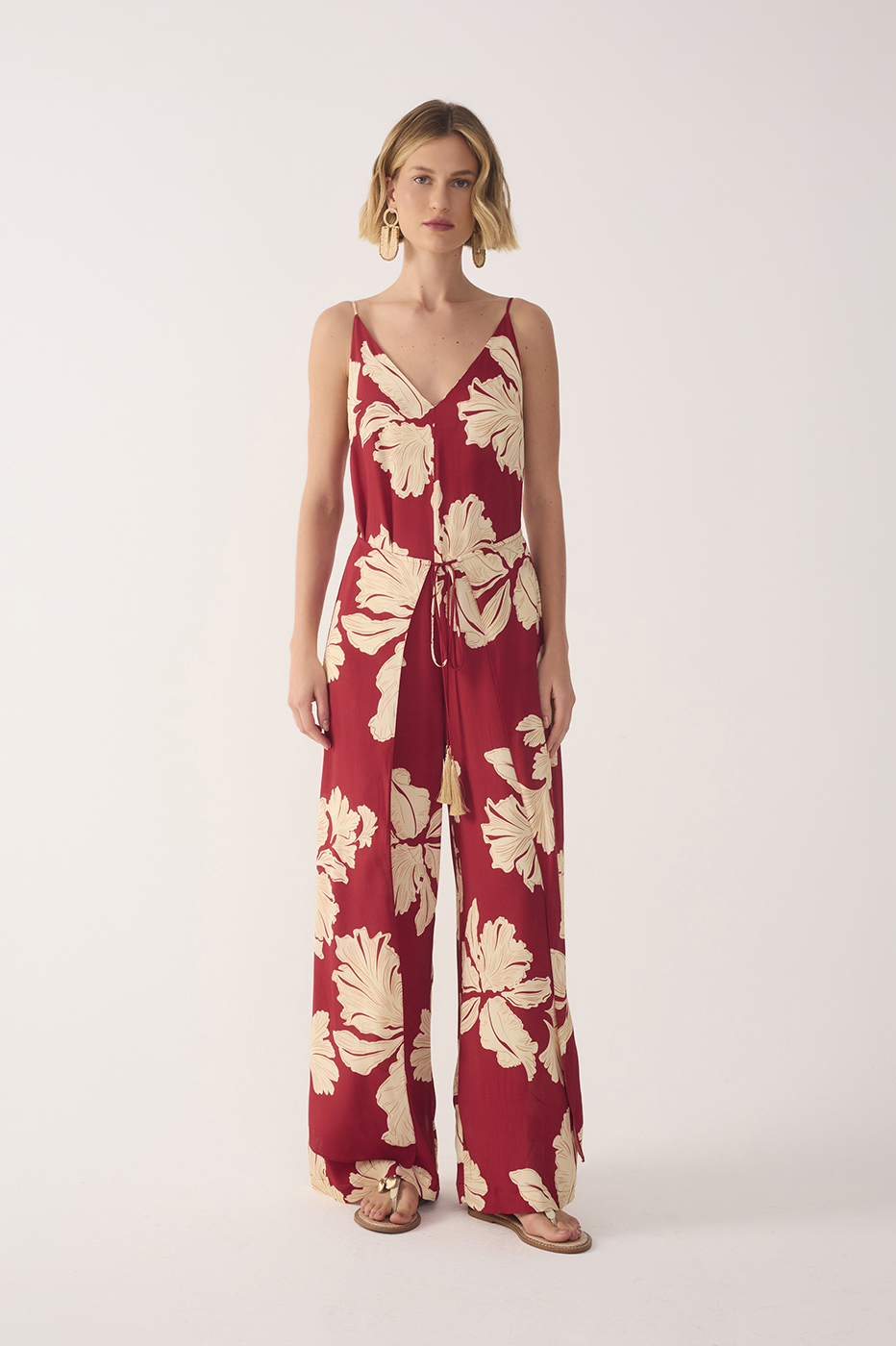 Red Petala V Neck Drawstring Jumpsuit
