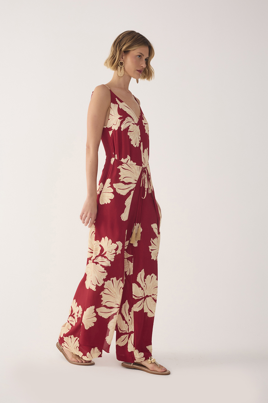 Red Petala V Neck Drawstring Jumpsuit