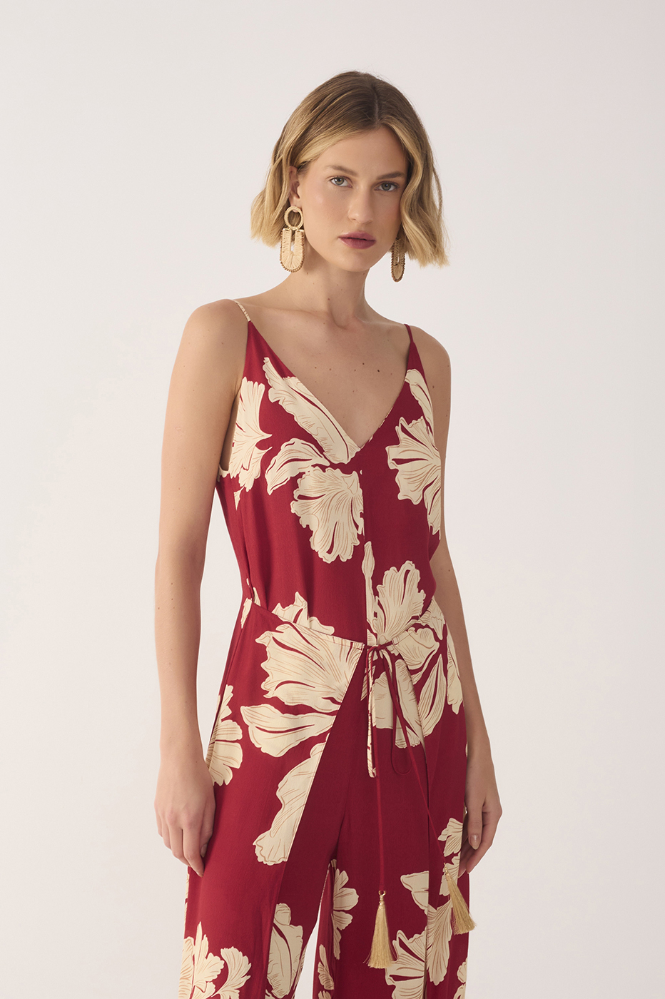 Red Petala V Neck Drawstring Jumpsuit