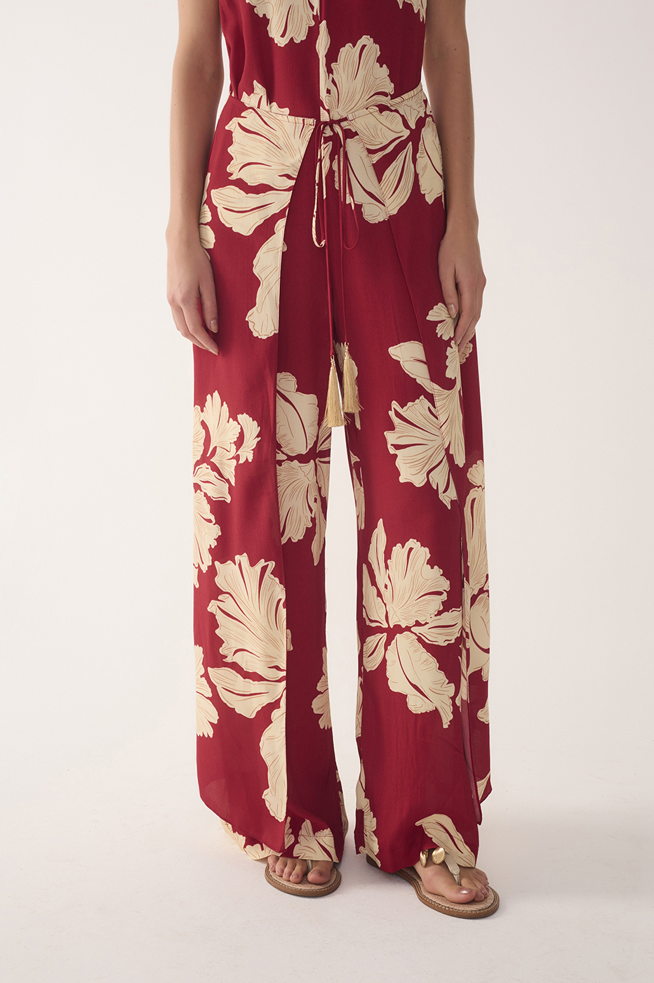 Red Petala V Neck Drawstring Jumpsuit