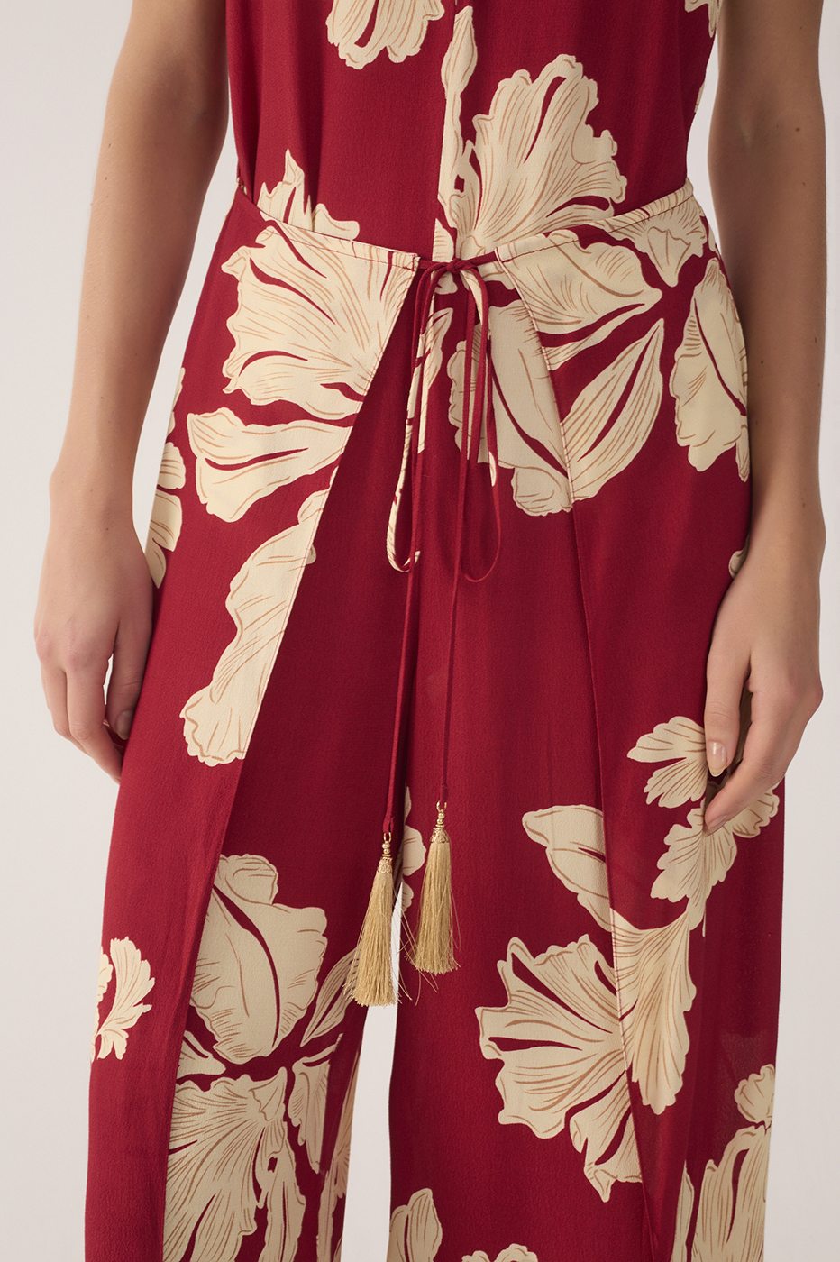 Red Petala V Neck Drawstring Jumpsuit
