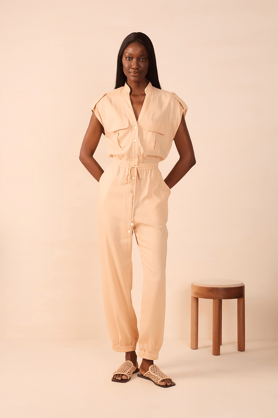 Beige Elastic Waist Jumpsuit