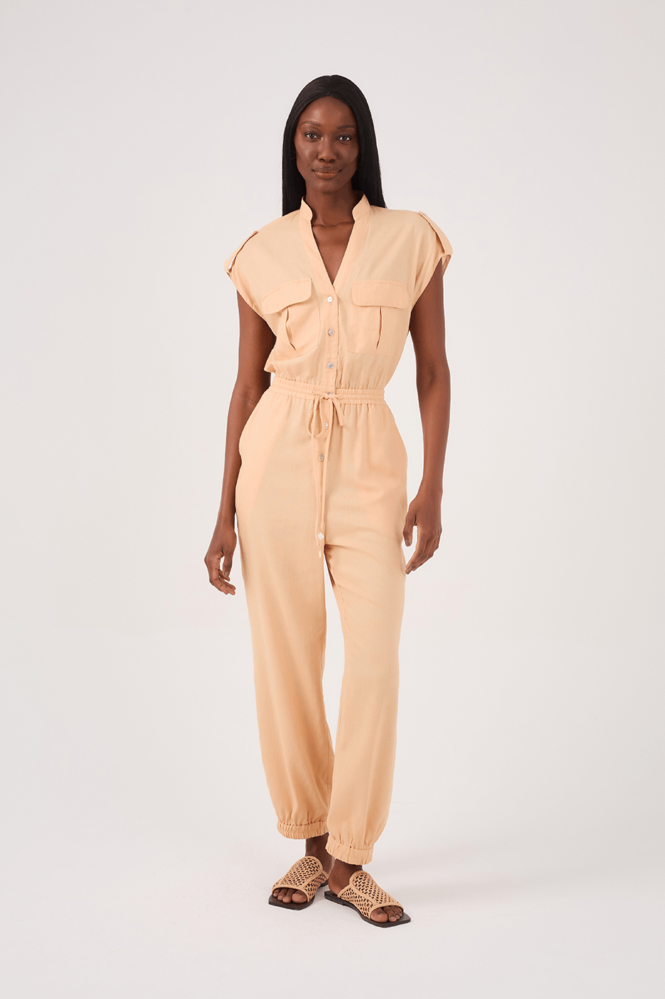 Beige Elastic Waist Jumpsuit
