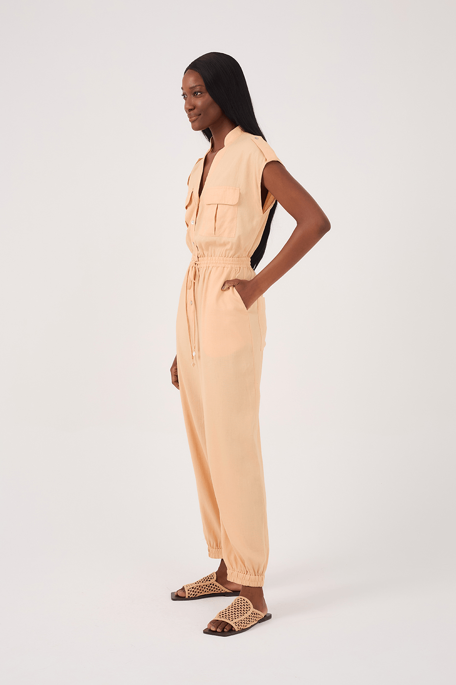 Beige Elastic Waist Jumpsuit