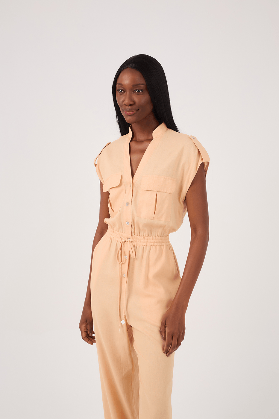 Beige Elastic Waist Jumpsuit