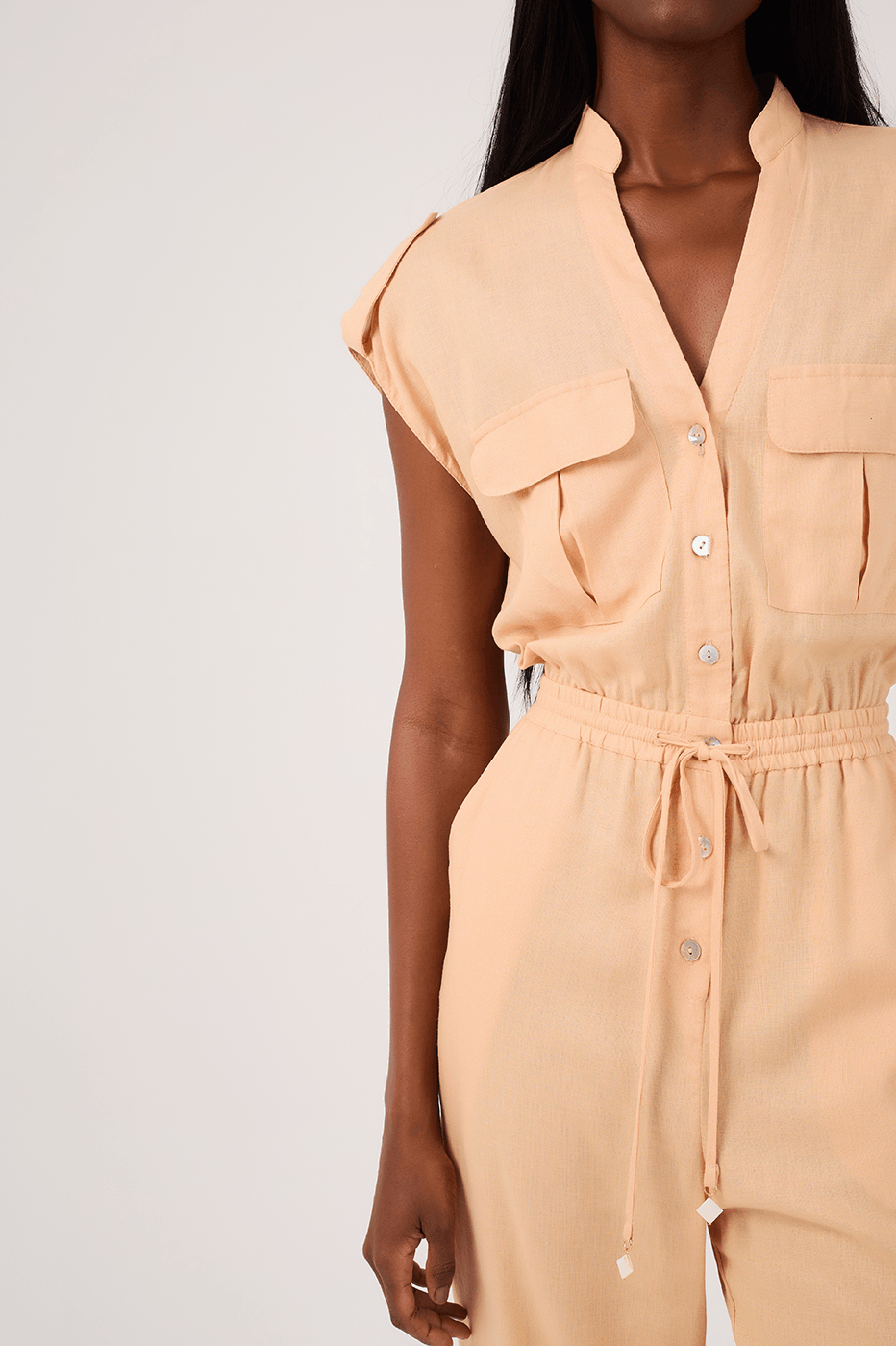 Beige Elastic Waist Jumpsuit