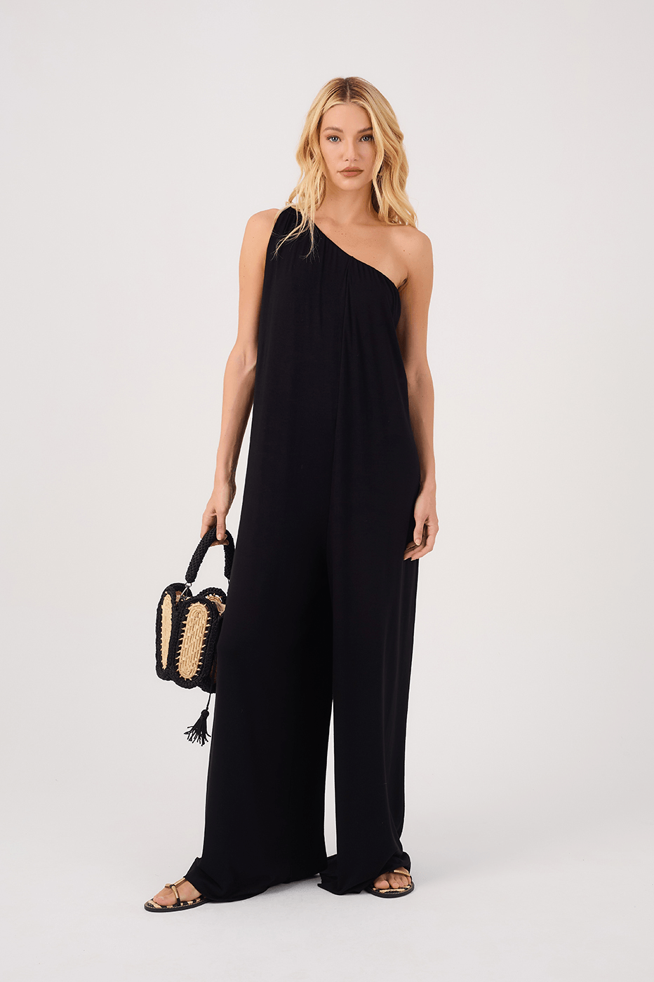 Black One-Shoulder Crepe Knit Jumpsuit