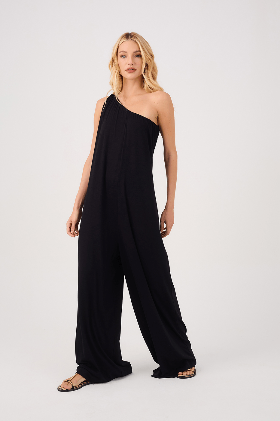 Black One-Shoulder Crepe Knit Jumpsuit