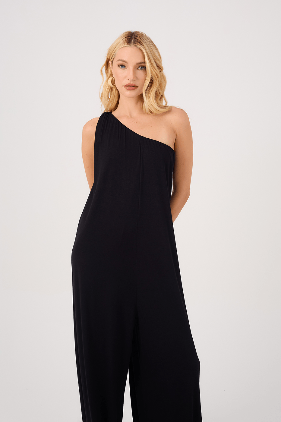 Black One-Shoulder Crepe Knit Jumpsuit