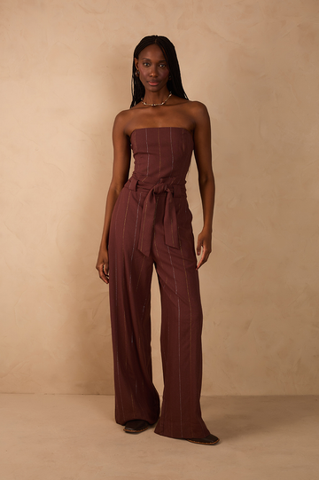 Brown Lurex Strapless Belted Pockets Linen Jumpsuit