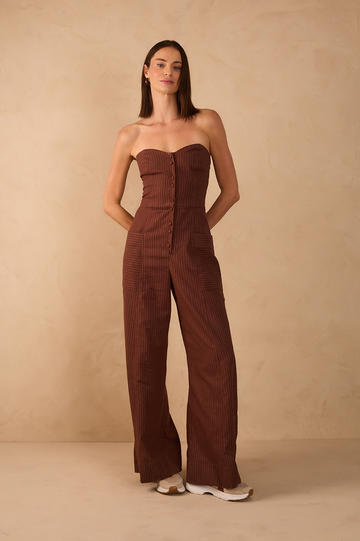 Brown Pinstripe Strapless Buttoned Smocked Jumpsuit