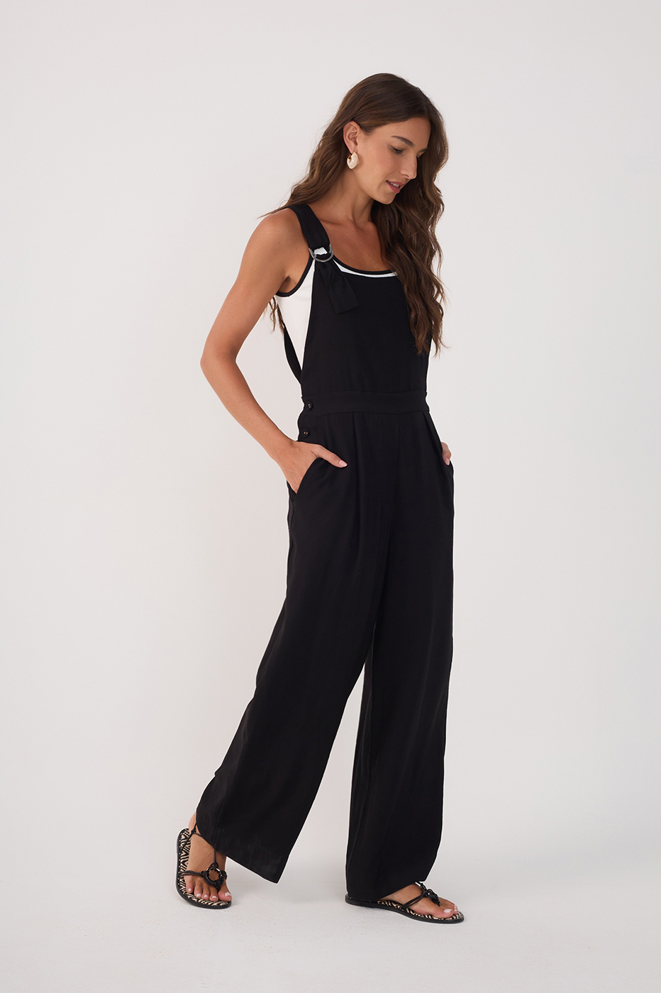 Black Buckled Ties Pockets Jumpsuit