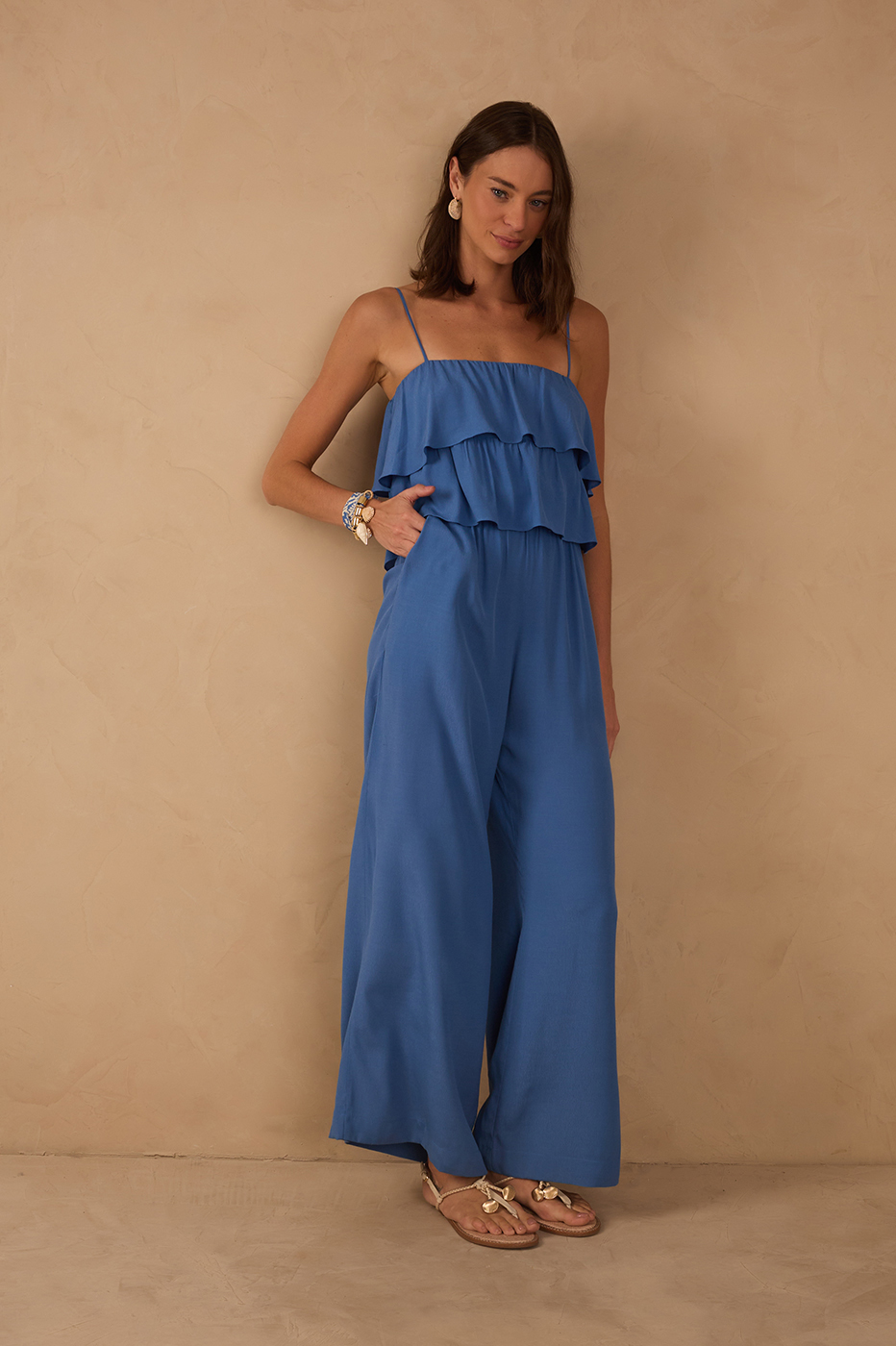 Blue Layered Bodice Pockets Crepe Jumpsuit