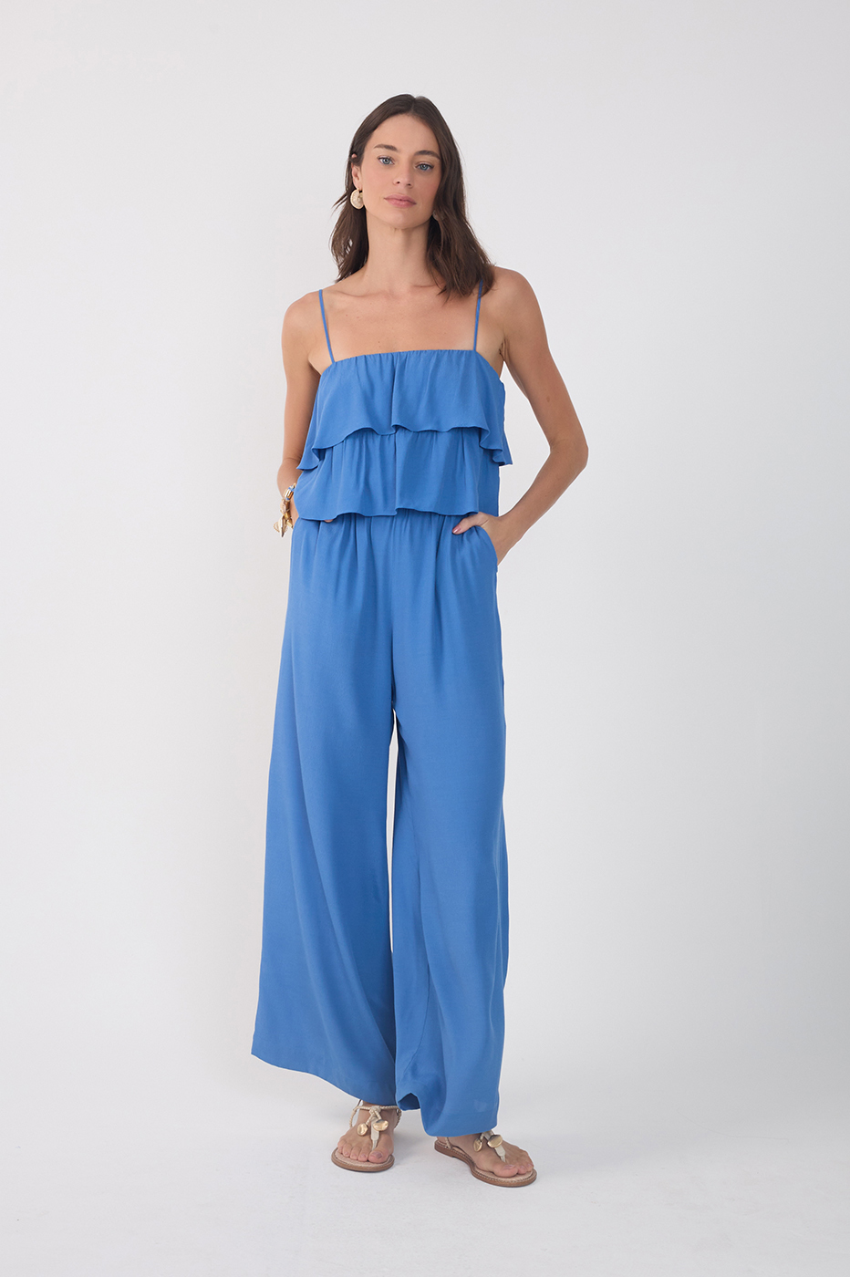 Blue Layered Bodice Pockets Crepe Jumpsuit