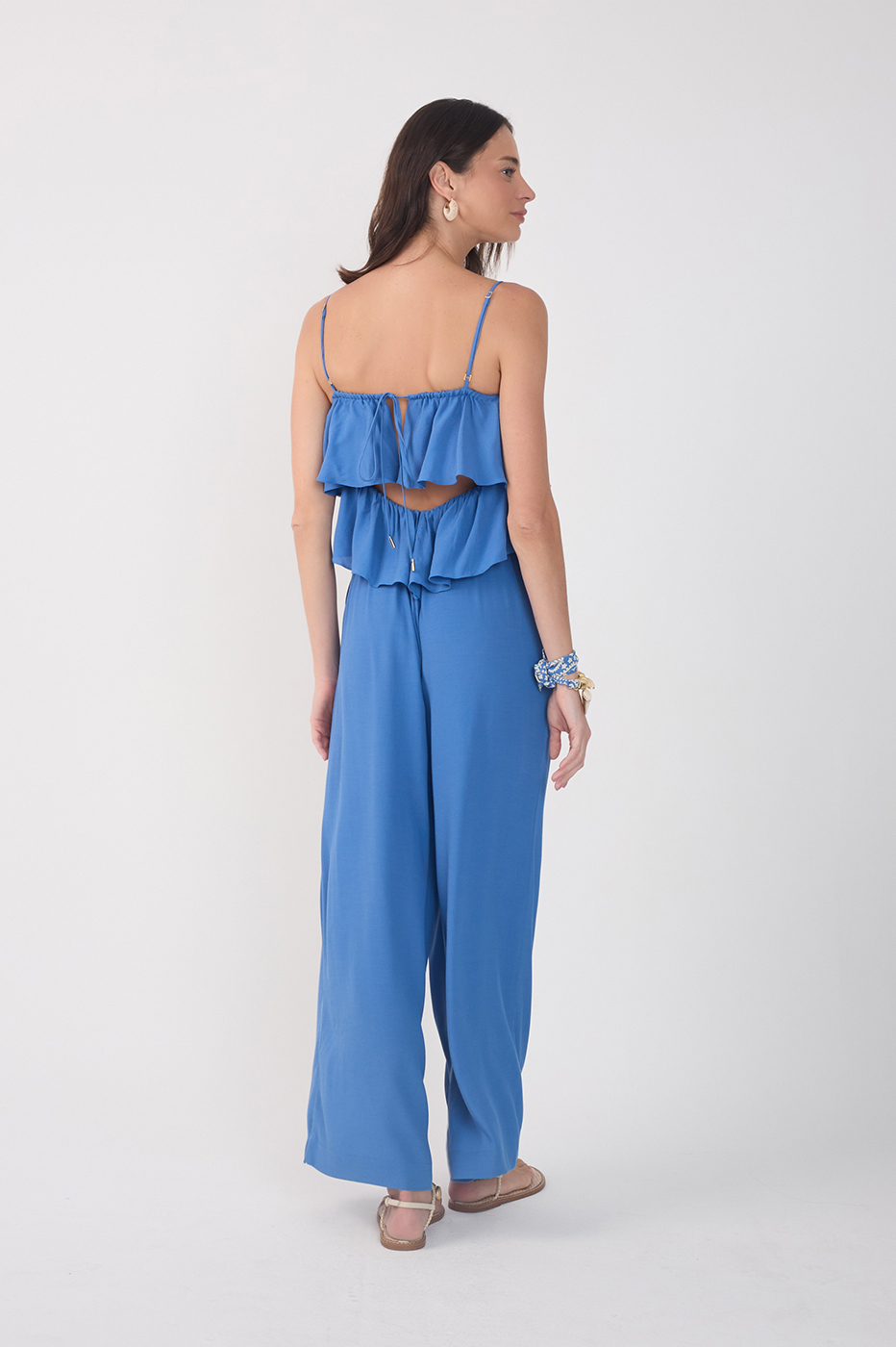 Blue Layered Bodice Pockets Crepe Jumpsuit