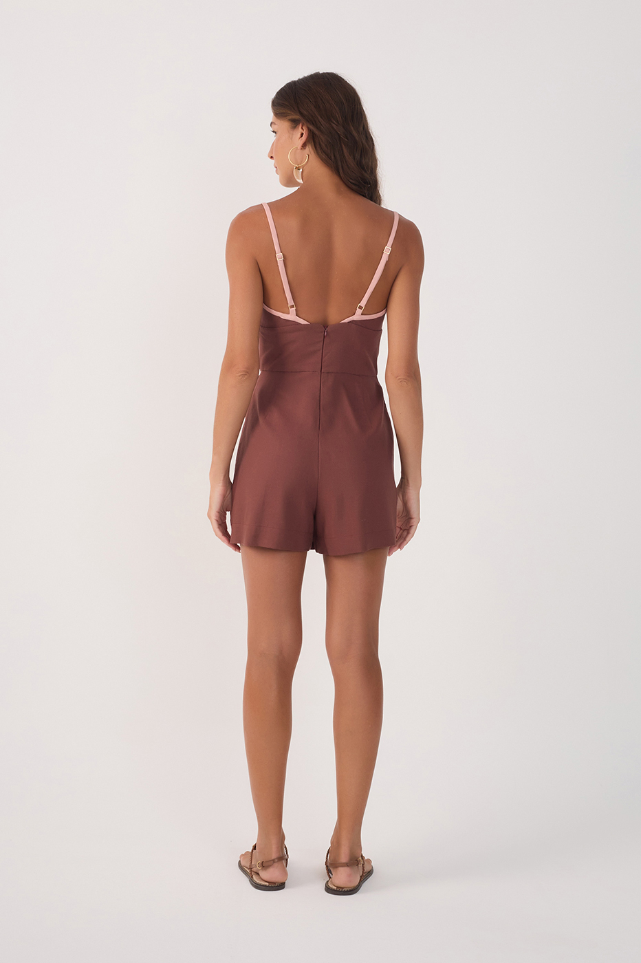 Brown V Neck Side Ties Linen Wrap Romper